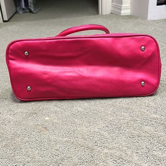 London Fog Simulated Leather Pink & Woven Satchel Purse with Long Strap - Picture 6 of 8